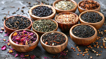 Different types of tea as background