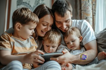 Happy young family having fun time at home. Parents with children using digital device, Generative AI