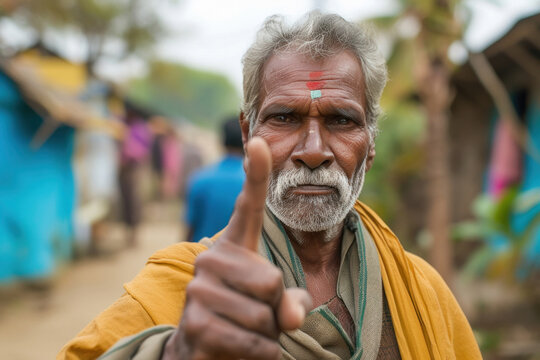 indian senior man showing finger after voting