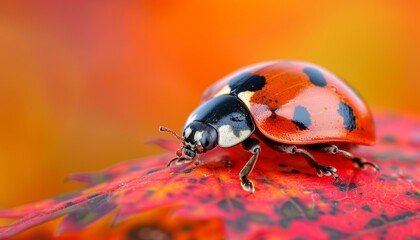 Vibrant ladybug perched on a lush green leaf with stunning coloration, a beautiful natural scene