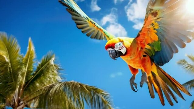 macaw parrot flying over the beach