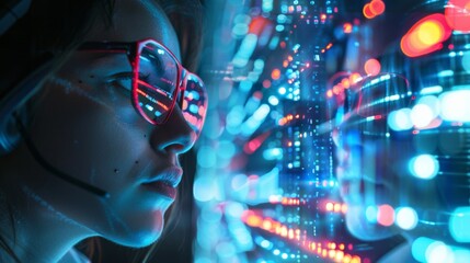 Programmer or IT person in glasses and on a 3D screen thinking about data analytics, digital technology, and cybersecurity. Code hologram and woman on tablet thinking about data analytics, digital