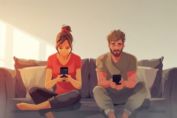 Couple addicted to smartphones ignoring each other at home. Relationship problems, Generative AI