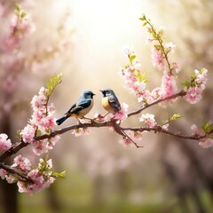 birds sing on the branches of a tree with spring flowers. sunlight.
