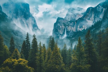 Veiled Majesty: Ethereal Fog Blankets Towering Cliffs and Verdant Forests in a Mountainous...