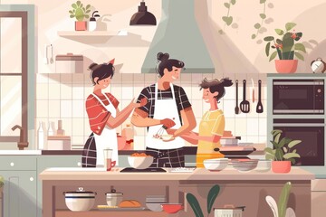 Cheerful family spending good time together while cooking in kitchen, Generative AI