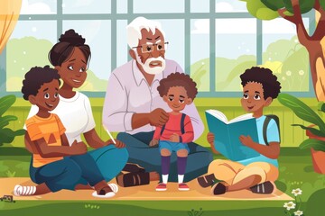Multiethnic family. Grandparent teaching children to read for school, Generative AI