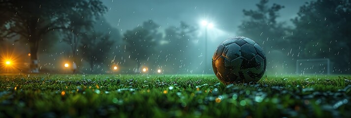 Dimly lit soccer field with a single spotlight on the ball