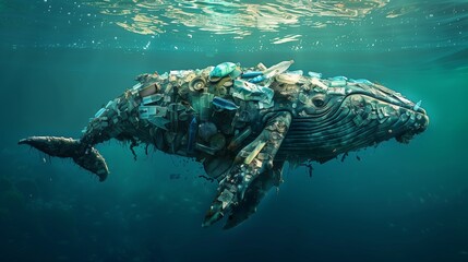 Silhouette of a whale floating in the ocean, the whale consists of empty bottles, paper, food residues, other garbage, human waste. The concept pollution of the world's oceans.