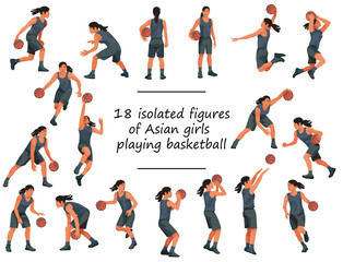 Figures of Asian girls playing women's basketball in black uniforms standing with the ball, running, jumping, throwing, shooting, passing the ball