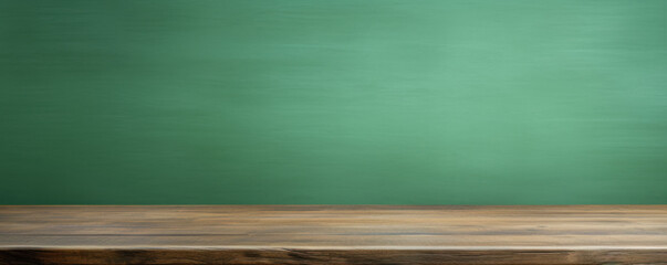 wood table green wall background panoramic banner mockup for display of product. eco friendly interior concept,