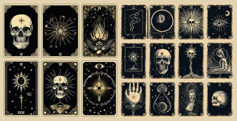 The occult magic tarot cards are hand drawn tarot cards with skulls, lotuses, and evil eyes.