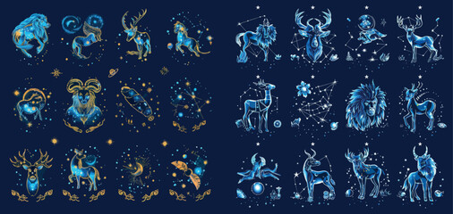 Fototapeta premium Zodiac astrological signs. Aries, taurus, leo, and gemini horoscopes, as well as virgo, scorpio, libra and aquarius zodiacs