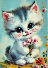 Cute Kitten With Big Eyes Holding a Bouquet With Pink Flowers, Blue Background, Retro Valentine's...