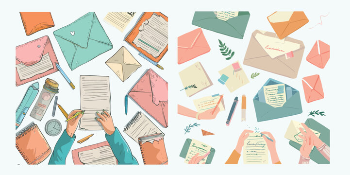 The hand with envelopes and letters. Envelopes, postcards and letters top view, girls write, send and read letters.