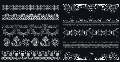The seamless pattern elements of wedding lace. Black seamless lace borders modern illustration set.