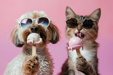 Dog and cat with sunglasses are eating ice cream, funny pets, pink background