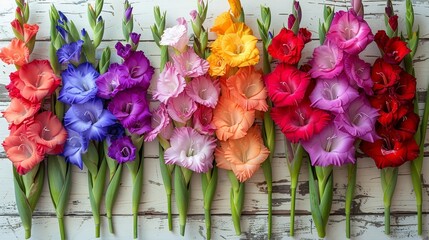   A row of differently colored flowers atop a white wooden table, near a white planked wall