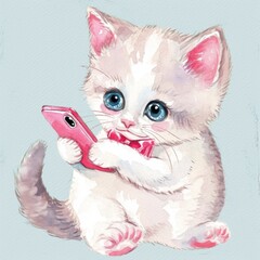 Cute Cat Using a Pink Smartphone Wearing A Pink Bowtie Sitting On a Blue Background, Vintage...