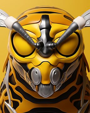 A yellow and black robot bee with its wings spread is sitting on a yellow background. The bee has a stinger on its tail and a yellow and black striped body.
