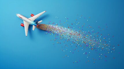 Toy passenger airliner with a contrail of multi-colored flower petals next to the inscription alternative energy