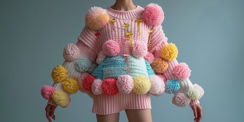 modern japan cute jumper with dangling charms, plush pom poms, and oversized safety pins