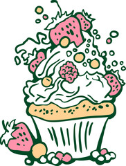 Sweet tasty dessert cupcake with cream and deco for morning breakfast in café or restaurant. Mini birthday cake for pleasure. Hand drawn retro vintage colorful vector illustration. Old style drawing.