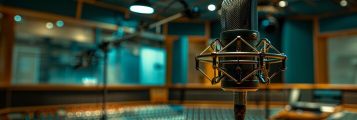 Professional studio microphone on blurred background with copy space for text placement