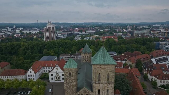 Aerial drone view of Dom St. Petrus in Osnabr&uuml;ck, Germany. St. Peter's Cathedral serves as the cathedral of the Roman Catholic Diocese of Osnabr&uuml;ck. 