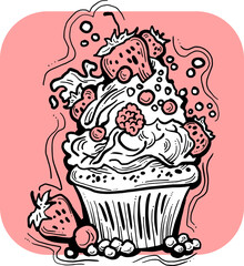 Sweet tasty dessert cupcake with cream and deco for morning breakfast in café or restaurant. Mini birthday cake for pleasure. Hand drawn retro vintage colorful vector illustration. Old style drawing.