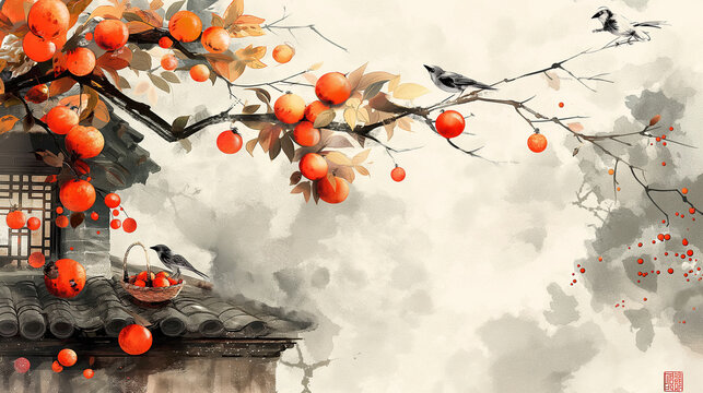 orange persimmons hang from the branches of the persimmon trees