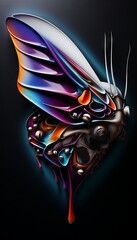 The image is a dark, close-up photograph of a butterfly with a glowing, iridescent exoskeleton