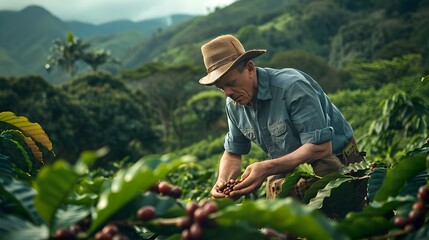 Coffee Farmer Inspecting Ripe Cherries in Lush Colombian Plantation with Verdant Mountain Backdrop