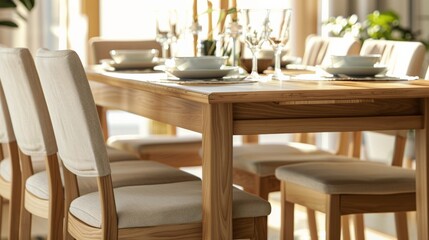 A close-up of the dining table and chairs. The table is made of wood, and the chairs are upholstered in a neutral fabric. The table is set for a meal, and the chairs are arranged around it.