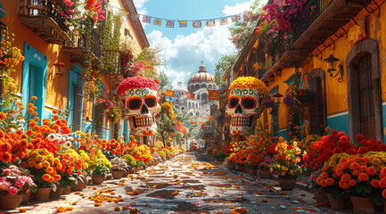 A vibrant street decorated with colorful flowers and large skull sculptures for a Day of the Dead celebration, with a church in the background.