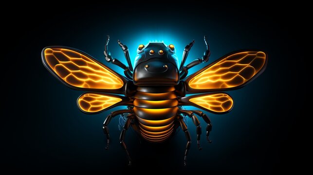 The image is a digital painting of a glowing blue and orange insect. The insect has the body of a wasp and the wings of a butterfly and it is surrounded by a dark blue background.