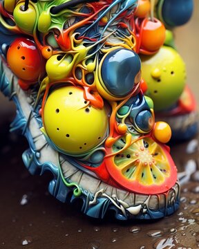 The image is a pair of shoes covered in colorful fruits and vegetables