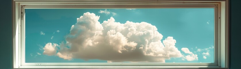 A large cloud in the sky is visible through a window
