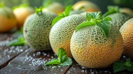   A collection of cantaloupes atop a wooden table, accompanied by more cantaloupes nearby