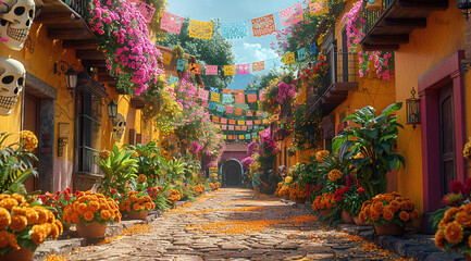 Colorful street decorated with vibrant flowers and festive banners for a traditional Mexican celebration, cobblestone path and historical buildings enhance the charm.