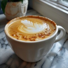 A cup of coffee with a white swirl on top