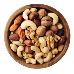 Wooden bowl with mixed nuts on white table top view. Pistachios, almonds, hazelnuts and cashews.