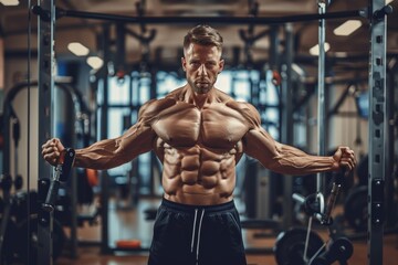 Muscular bodybuilder handsome man doing exercises in gym. Sport people workout concept, Generative AI - Powered by Adobe