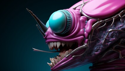 The image shows a close-up of a fictional creature with pink skin and sharp teeth. The creature has a large eye with a blue iris and is surrounded by a dark background. - obrazy, fototapety, plakaty