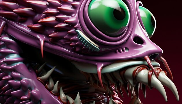 The image shows a close-up of a fictional creature with green eyes, sharp teeth, and a pink body covered in spikes.
