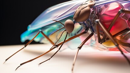 The image shows a close-up of a mosquito with a needle-like proboscis