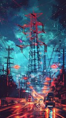 Futuristic Telecommunications Infrastructure in Vibrant Cityscape