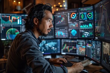 Cryptocurrency Trading and Analysis A Tech Savvy Investor Examines Blockchain Data Visualizations Across Multiple Monitors to Gain Market Insights