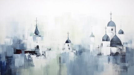 Fototapeta premium painting Orthodox churches row of churches on a white background, impressionism style light background art work