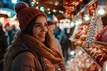 Festive christmas fair concept. Happy women having fun and shopping, enjoying on christmas market, Generative AI